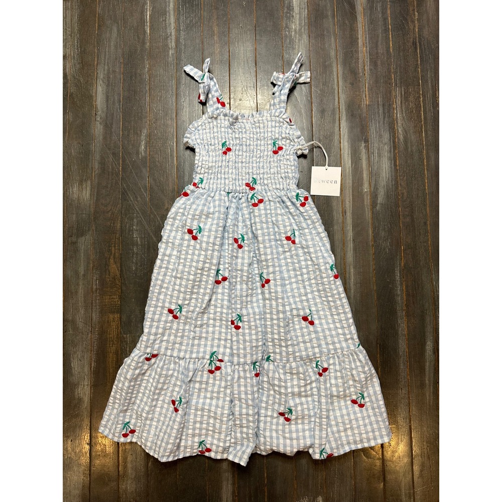 Btween Blue Gingham Cherry Embroidered Smocked Maxi Dress